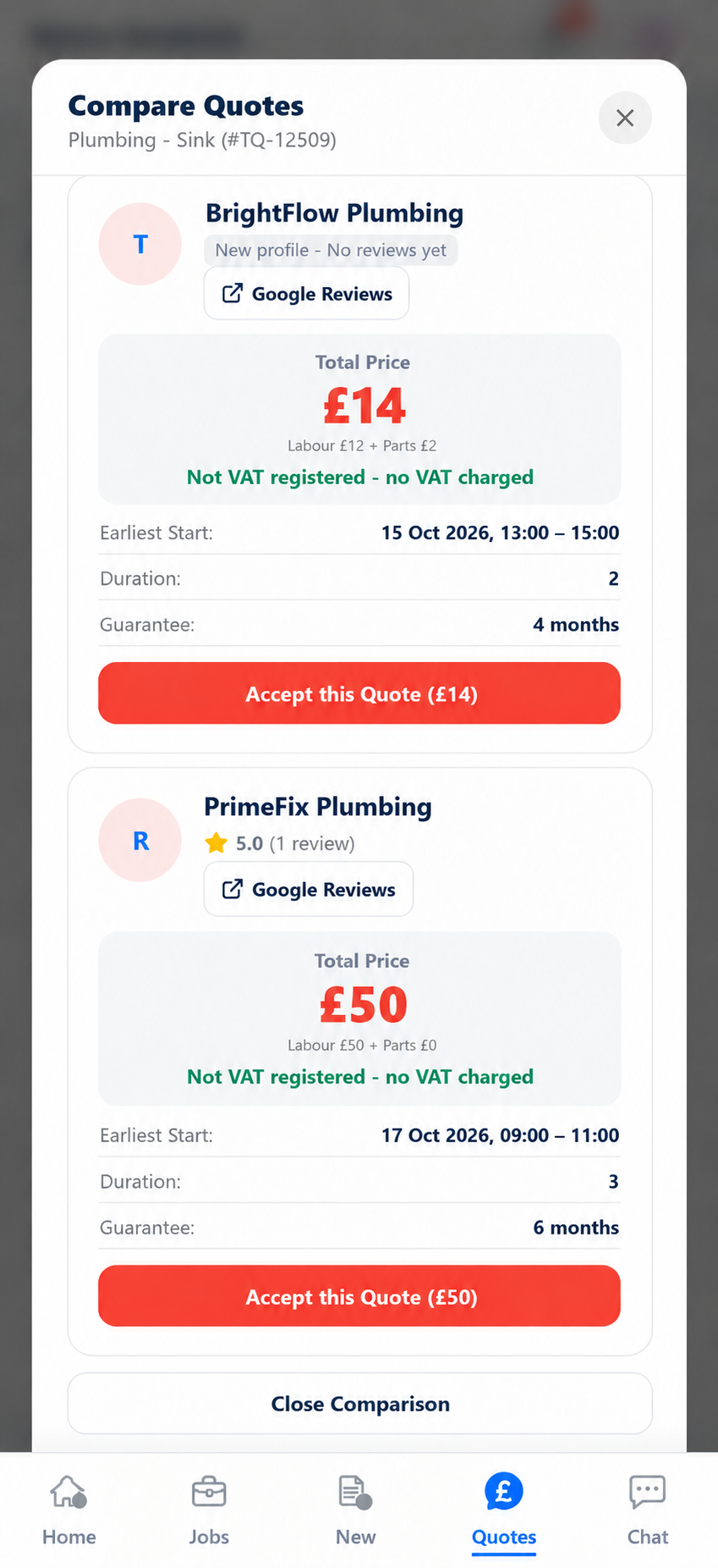 Compare quotes and choose your tradesperson