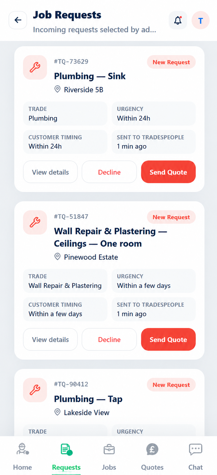 Verified tradespeople receive the job request