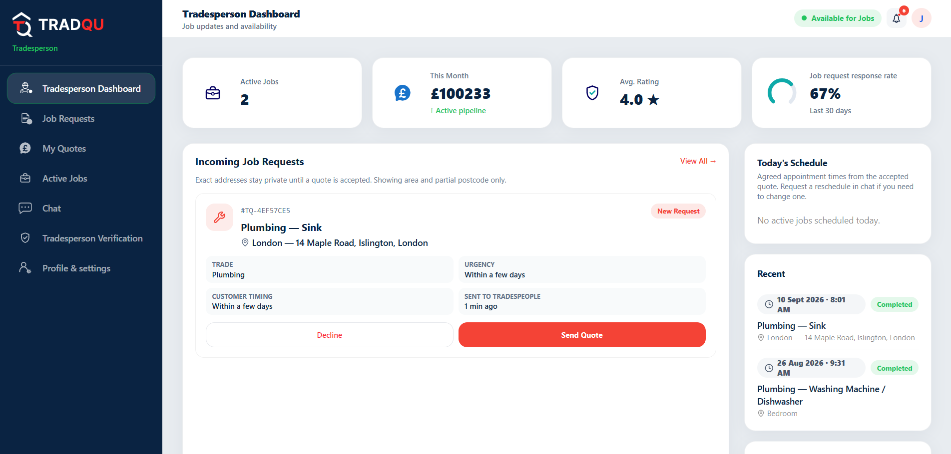 Tradesperson dashboard