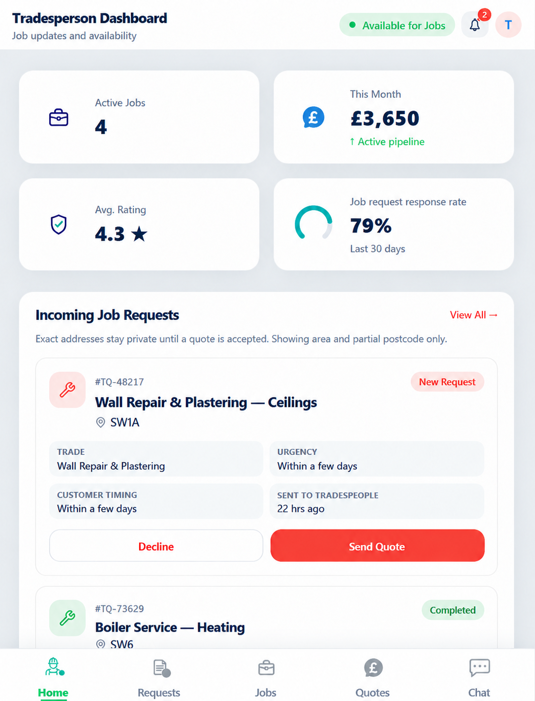 Tradesperson dashboard - Mobile App